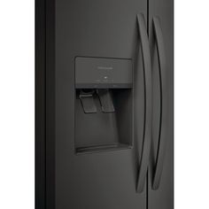 a black refrigerator freezer with its door open and water dispenser on the side