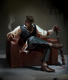 a painting of a man sitting on a couch with a cane in his left hand