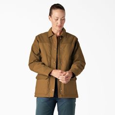 Inspired by our archival workwear, this women’s chore coat combines a classic silhouette with our signature duck canvas fabric. The chore jacket is crafted from 100% cotton duck canvas with a Durable Water Repellent finish. It’s accented with rugged, wax-coated detailing at the shoulders, arms, and pocket flaps. A relaxed fit, front cargo pockets, envelope hand-warmer pockets, and a full zippered closure with snap button placket round out this timeless staple. Chore Coat Womens, Gift Wishlist, Dickies Women, Womens Jackets Casual, Safety Clothing, Chore Coat, Work Jacket, Duck Canvas, Chore Jacket