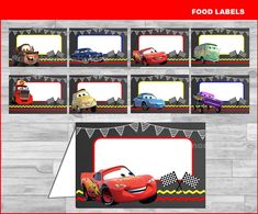 cars birthday party food labels and place cards with free printable name tags for cars