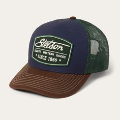 This rugged trucker cap features a Stetson heritage script logo on its rugged brushed cotton canvas front. It has a traditional mesh back for breathability and ventilation, a gently curved bill and a classic snapback closure to ensure a secure, adjustable fit. Truckers throughout the 20th-century wore caps branded with their company’s logo — by the ‘70s, they had evolved into the hat we know and appreciate today. Practical, proud, and pure Americana, the trucker hat is a true classic. 3 7/8" Cro Vintage Trucker Hat With Curved Bill For Outdoor, Made In Usa Trucker Baseball Cap For Outdoor, Trucker Baseball Cap Made In Usa For Outdoor, Outdoor Trucker Baseball Cap Made In Usa, Vintage Six-panel Trucker Hat For Outdoor, Trucker Hat Designs, Hat Inspiration, Streetwear Hats, Dope Hats