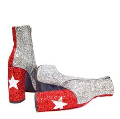 "\"Harlequin\" STARDUST Ankle boots in Red & Silver Glitter with Silver metallic Star on heels Handcrafted to order in London Upper material is Glitter backed with canvas fabric. Available with GENUINE LEATHER lining (more breathable) as well as VEGAN Leather (PU) lining - please choose option at checkout. Silver metallic Star applique on heel made of vegan or genuine leather These Boots are also available in Blue & Silver - please make a note on your order if you prefer this option. SIZE RANGE Christmas Party Boots With Round Toe, Circus Boots, Star Applique, Casual Fashion Trends, Platform Ankle Boots, Vegan Shoes, Black Laces, Handmade Shoes, Silver Stars