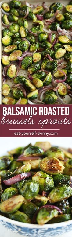 balsamic roasted brussels sprouts in a blue and white bowl with text overlay