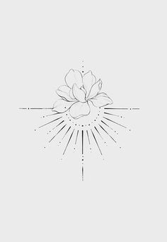 a black and white drawing of a flower with rays coming out from the center on a gray background