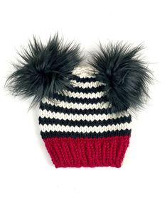 This is a super cute Striped Beanie, hand knit out of Lion Brand Wool Ease Super Bulky yarn in Black, Purple, Red, Rust and Fisherman with 5" double poms permanently attached. This is an adult women's size and measures approximately 9" in length, not including the pom. The yarn is 20% wool 80% acrylic Fur Pom Pom Hat, Striped Beanie, Lion Brand Wool Ease, Striped Beanies, Super Bulky Yarn, Super Bulky, Wool Beanie, Faux Fur Pom Pom, Bulky Yarn