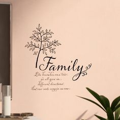 a wall decal with the words family on it and a tree in the corner