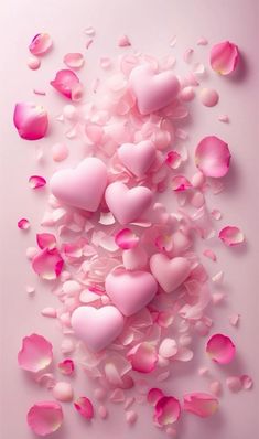 pink hearts and petals are scattered on the ground, as if they were floating in the air