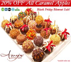 an advertisement for caramel apples with chocolates and candies