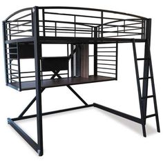 a metal loft bed with desk and shelves on it's sides, against a white background