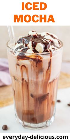 an iced mocha in a tall glass with chocolate and whipped cream on the top