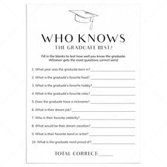 Printable Who Knows The Graduate Best Graduation Party Game by LittleSizzle Graduate Questionnaire, Graduation Party Ideas Games Activities, Nurse Grad Party Games, How Well Do You Know The Graduate, Games To Play At Graduation Party, Things To Do At Graduation Party, Graduation Games Ideas, Graduation Party Game Ideas, Graduation Party Games Activities