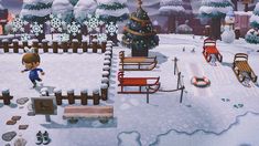 an animated image of a child playing in the snow with sleighs and christmas trees