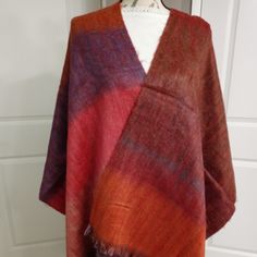 Artisanal Handcrafted Multi Color Shawl Alpaca Blend, Boutique Quality, Furry Texture, Gorgeous Color Combination. Handmade In Ecuador By A Skilled Artisan Weaver. 25" Wide 75" Long Including Fringe Handwoven Shawls, Shrug Sweater, Color Combination, Orange Red, Ecuador, Alpaca, Color Combinations, Shawl, Hand Weaving