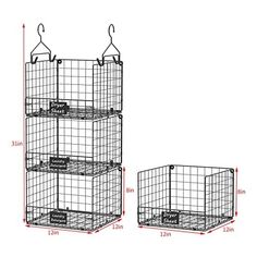 three wire baskets are shown with measurements for each basket, and one has two hooks on the