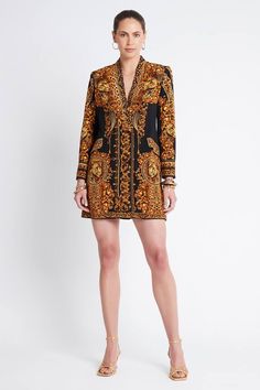 Black and gold blazer style dress with all over leopard print. - Aza Fashions Black And Gold Blazer, Blazer Dress For Women, Gold Blazer, Leopard Print Blazer, Blazer Style, Blazer Fashion, Blazer Dress, Dress For Women, Dress Pattern