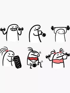 cartoon characters doing different exercises with dumbbells and barbells, while the other one is using a phone