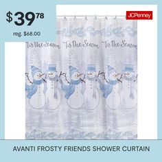 a shower curtain with three snowmen on it and the price is $ 39 98