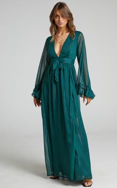 Dangerous Woman Maxi Dress in Emerald | Showpo Flowy Maxi Dress With Sheer Sleeves For Party, Sheer V-neck Maxi Dress For Formal Occasions, Sheer V-neck Maxi Dress For Prom, Flowy V-neck Maxi Dress For Night Out, Flowy Sheer Maxi Dress For Party, Sheer V-neck Maxi Dress For Date Night, Glamorous Green V-neck Maxi Dress, Glamorous Green Maxi Evening Dress, Sheer Sleeves Maxi Dress For Date Night