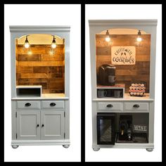 two pictures of the inside of a kitchen cabinet with lights on and an open door