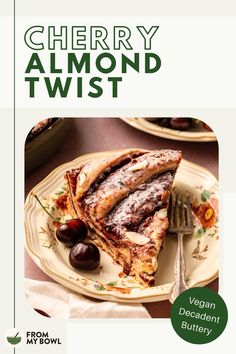 the cover of cherry almond twist is shown on a plate with a fork and knife