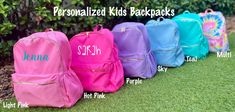 Kids Full Size Backpack:  These are not only very stylish kids backpacks but functional too. These are made of a wipeable  nylon material that is also durable enough for everyday use. These are great for school, travel, diaper bag and so much more. You can choose to personalized these adorable backpacks. We embroider the names or initals with your choice of font style and thread color. Size :16.5" x13.7" x6" Closure: Zipper Pockets: one zippered front and 2 side bottle pockets. To purchase: Drop down options-  BAG Color 1)select to personalize or not 2)font style Personalization box: 1) Name or initials : for initials be sure to put the initials in the order they will be embroidered 2) Thread color for the name or initials Main photo with Jenna's name is in the Sweet pea font in Teal threa Customizable Backpack For End Of School Year Events, Trendy Bags For End Of School Year Events, Customizable Softback Backpack For Back To School, Personalized Bags For Back To School, Customizable Backpack For Everyday Use, Customizable Bags For Back To School, Customizable Student Bags For Back To School, Customizable Backpack For Daily Use And Back To School, Customizable Softback School Bag