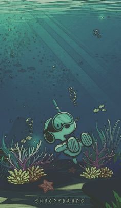 an image of a cartoon character diving in the ocean with corals and seaweed