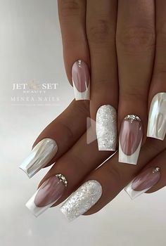 Vaca Nails, White And Silver Nails, Nails Tumblr, Dipped Nails, Xmas Nails, Nail Inspiration, Nails Inspo, Wedding Nails