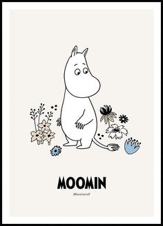 the moomin character is surrounded by flowers and plants in this black and white illustration