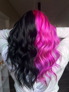 Pink And Black Color Block Hair, Half Hot Pink Half Black Hair, Magenta Split Dye, Black Hair With Hot Pink Money Piece, Pink And Black Hair Color Ideas, Hot Pink Hair Dye Ideas, Pink And Black Split Dye Short Hair, Spilt Dye Hair Ideas Blonde, Black And Pink Split Dye