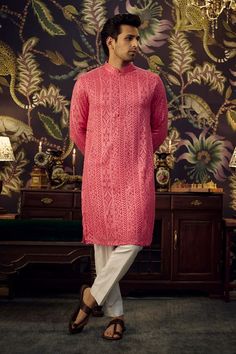 Hot pink georgette kurta with chikankari and thread embroidery. - Aza Fashions Designer Pink Kurta With Naqshi Details, Festive Pink Kurta With Naqshi Details, Pink Bollywood Kurta With Naqshi Detailing, Pink Bollywood Kurta With Naqshi, Pink Straight Kurta With Naqshi, Pink Naqshi Kurta For Festivals, Pink Traditional Wear With Naqshi For Festivals, Pink Kurta With Chikankari Embroidery For Transitional Season, Transitional Pink Kurta With Chikankari Embroidery