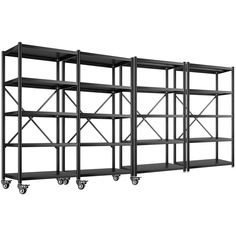 three metal shelving units with four wheels on each side and one is open to show the