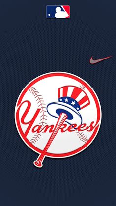 the new york yankees logo is displayed on an iphone screen, next to a baseball bat