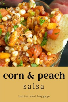 corn and peach salsa in a glass bowl with tortilla chips