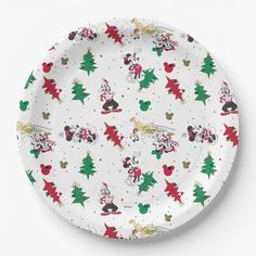 a paper plate with mickey mouse and christmas tree designs on the front, in white background