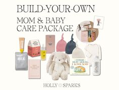 the baby care package is shown with its contents in pink, white and grey colors