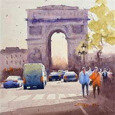 watercolor painting of people walking in front of the arc de trioe