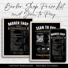 an advertisement for a barber shop with the text,'barber shop price list and scan to pay '