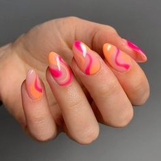 50+ Summer Nails To Give You Inspiration! Prada & Pearls Short Pink And Orange Swirl Nails, Spain Nails, Unghie Sfumate, Orange Nail, Summer Acrylic Nails, Short Acrylic Nails Designs, Beach Nails