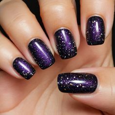 40 Hauntingly Beautiful Halloween Nail Art Ideas for October - DIGIDIA Dark Purple Nails Halloween, Purple October Nails, Fall Funky Nails, Purple Fall Nail Designs, Purple Fall Nails Design, Short Purple Nail Designs, Black Purple Nails, Glitter Halloween Nails, Halloween Nails Purple