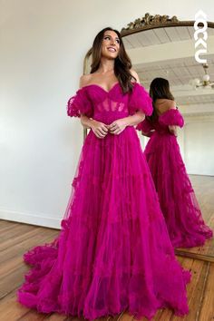 Style: L1367 Closure: Lace-Up Details: Appliques Fabric: Tulle Neckline: Off-Shoulder Silhouette: A-Line Vestidos Color Pastel, Tulle Dress Long, Ruffle Prom Dress, Vestidos Color Rosa, Corset Dress Prom, Pink Prom Dress, Homecoming Dresses Long, Sweetheart Prom Dress, Pink Prom