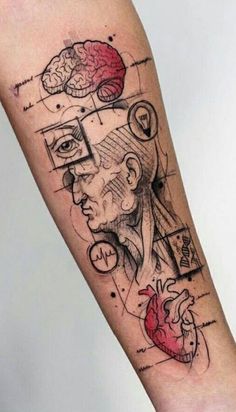 a person with a tattoo on their arm has a drawing of a human head and brain