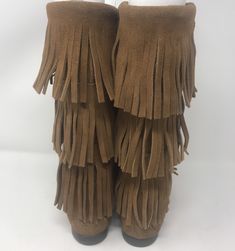 "Good vintage condition/smoke free home/these are pull on boots/12\" in height/No issues/" Bohemian Suede Boots With Tassels, Western Suede Fringe Boots, Western Style Suede Boots With Fringe, Casual Suede Fringe Boots, Brown Suede Moccasins With Fringe, Western Suede Boots With Tassels, Bohemian Brown Suede Boots, Winter Fringe Boots With Round Toe, Bohemian Style Fringe Boots With Round Toe