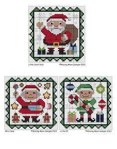 three cross stitch christmas pictures with santa