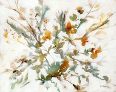 an abstract painting of leaves and flowers on a white background