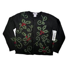 Timberlea Vintage Holiday Cardigan Sweater. Button Down Front. Sweater Is A Black Back Background With Swirls Of Green Holly Leaves And Red, Holly Berries On The Front And Sleeve Cuffs. The Holly Berries Have Dark Red Beads As Well. The Green Yarn On The Front Is A Different Yarn So It Gives The Holly Design A Bit Of Texture And Visual Interest. This Sweater Is Gorgeous And A Classy Look To Any Holiday Or Christmas Gatherings. Back Of Sweater Is Solid Black. 100% Cotton And Wash Cold, Lay Flat T Fitted Holiday Cardigan, Fitted Long Sleeve Holiday Cardigan, Black Holiday Sweater For Winter, Fitted Christmas Holiday Sweater, Fitted Christmas Sweater For Holiday, Holiday Black Long Sleeve Sweater, Casual Holiday Outerwear, Festive Long Sleeve Cardigan For Fall, Fitted Long Sleeve Christmas Sweater