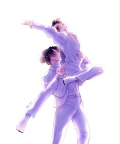 two people in purple suits are dancing with their arms around each other and one person is holding his arm out