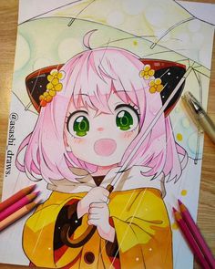 a drawing of a girl with pink hair and green eyes holding an umbrella in the rain