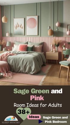 a bedroom with pink and green decor on the walls