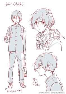 some anime character sketches with different expressions and haircuts, one boy is wearing a jacket