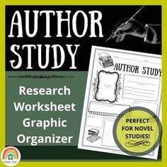 the author study worksheet and graphic organizer is shown in black and white with green background